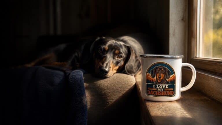 A dachshund mug on a sunlit windowsill with a dachshund resting behind it