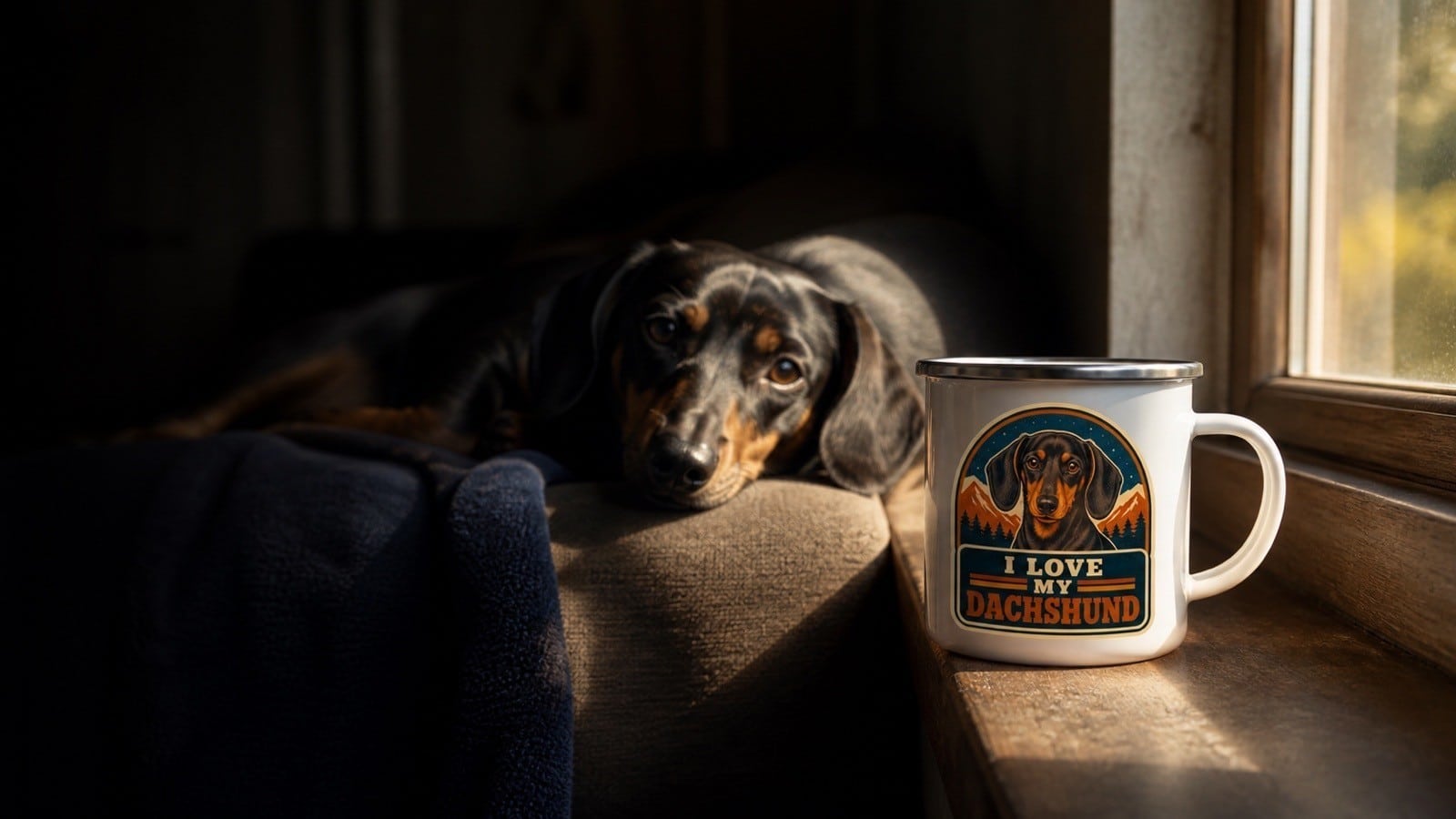 A dachshund mug on a sunlit windowsill with a dachshund resting behind it
