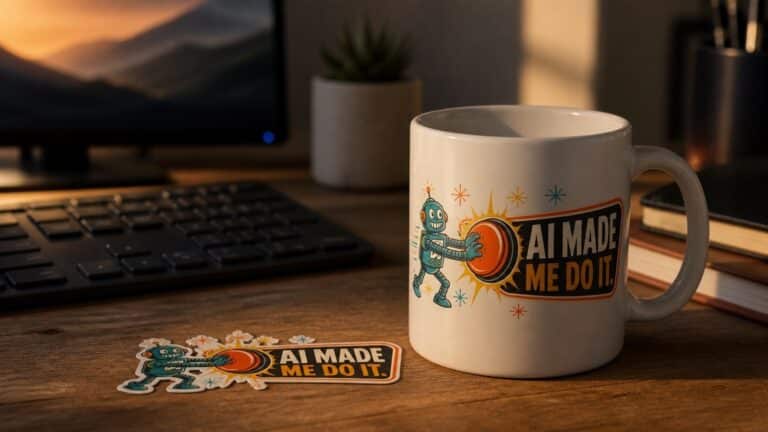 An AI Made Me Do It mug and matching sticker on an office desk beside a keyboard