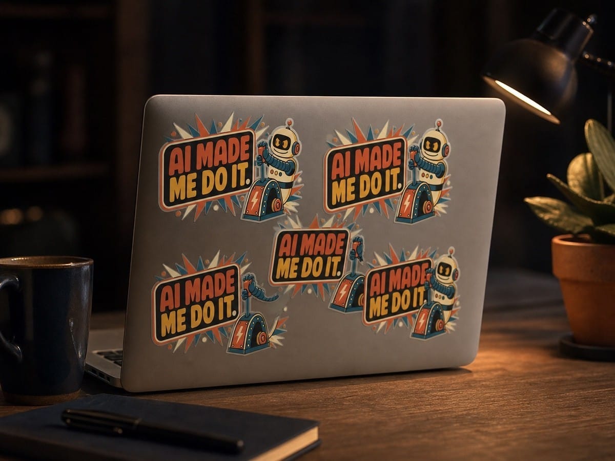 The AI Made Me Do It range. Stickers go on laptops; mugs stay on the desk.
