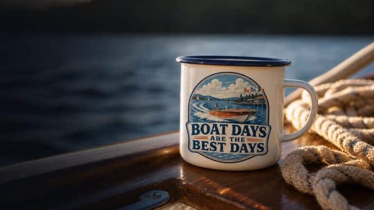 A Boat Days enamel camp mug on a varnished gunwale beside coiled rope