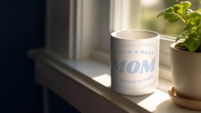 Mom Life designs. A World's Best Mom mug on a sunlit windowsill.