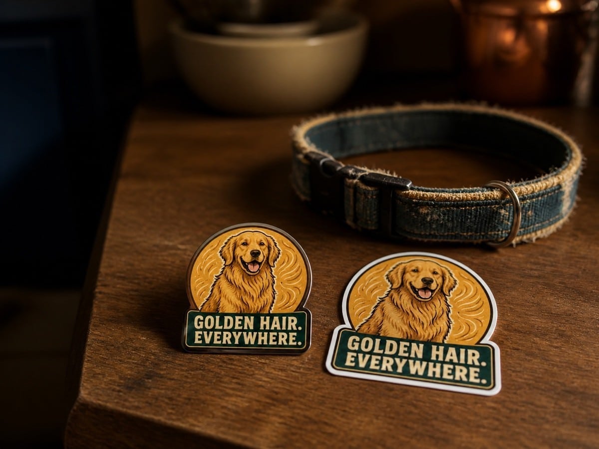 Golden retriever designs. The hair jokes land because they are true.