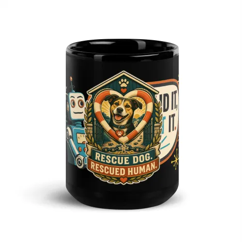 Black Coffee Mug, Rescue Dog. Rescued Human, Dog Lover Gift - 15 oz - Black