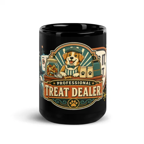 Black Coffee Mug, Professional Treat Dealer, Dog Lover Gift - 15 oz - Black