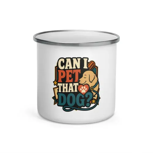 Enamel Camp Mug, Can I Pet That Dog, Simple Leash, Dog Lover Gift - 12 oz - White