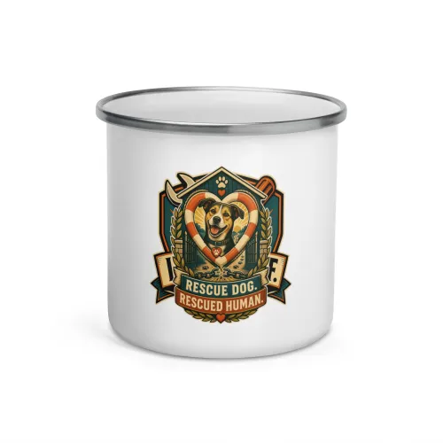 Enamel Camp Mug, Rescue Dog. Rescued Human, Dog Lover Gift - 12 oz - White