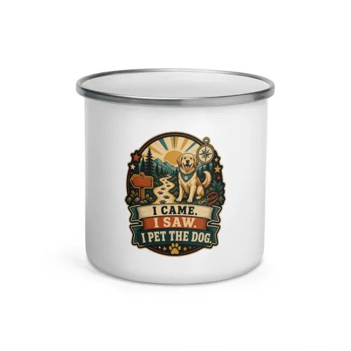 Enamel Camp Mug, I Came. I Saw. I Pet The Dog, Dog Lover Gift - 12 oz - White