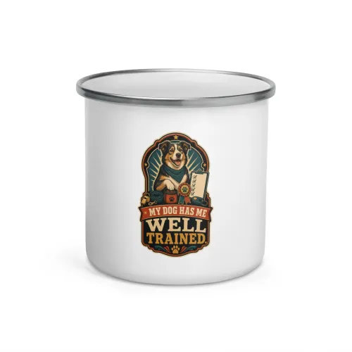 Enamel Camp Mug, My Dog Has Me Well Trained, Dog Lover Gift - 12 oz - White