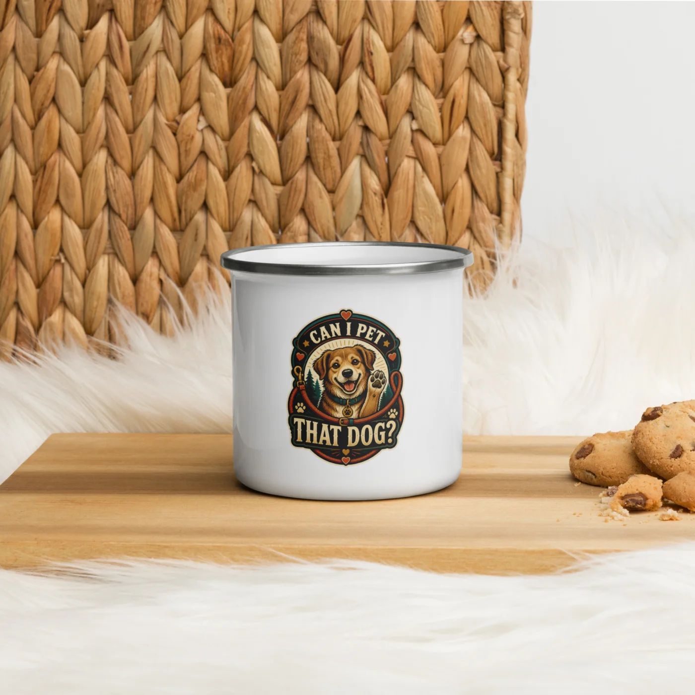 Enamel Camp Mug, Can I Pet That Dog, Happy Dog Badge, Dog Lover Gift