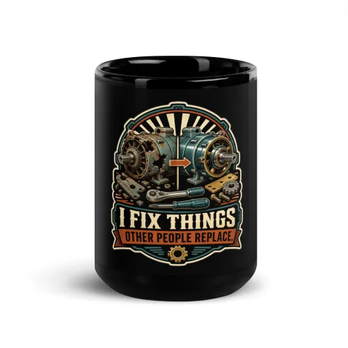 Black Coffee Mug, I Fix Things Other People Replace, Dad Gift - 15 oz - Black