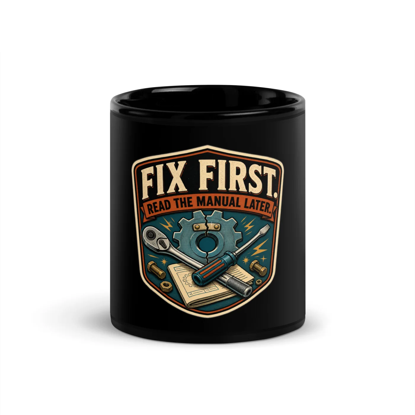 Black Coffee Mug, Fix First. Read The Manual Later, Dad Gift