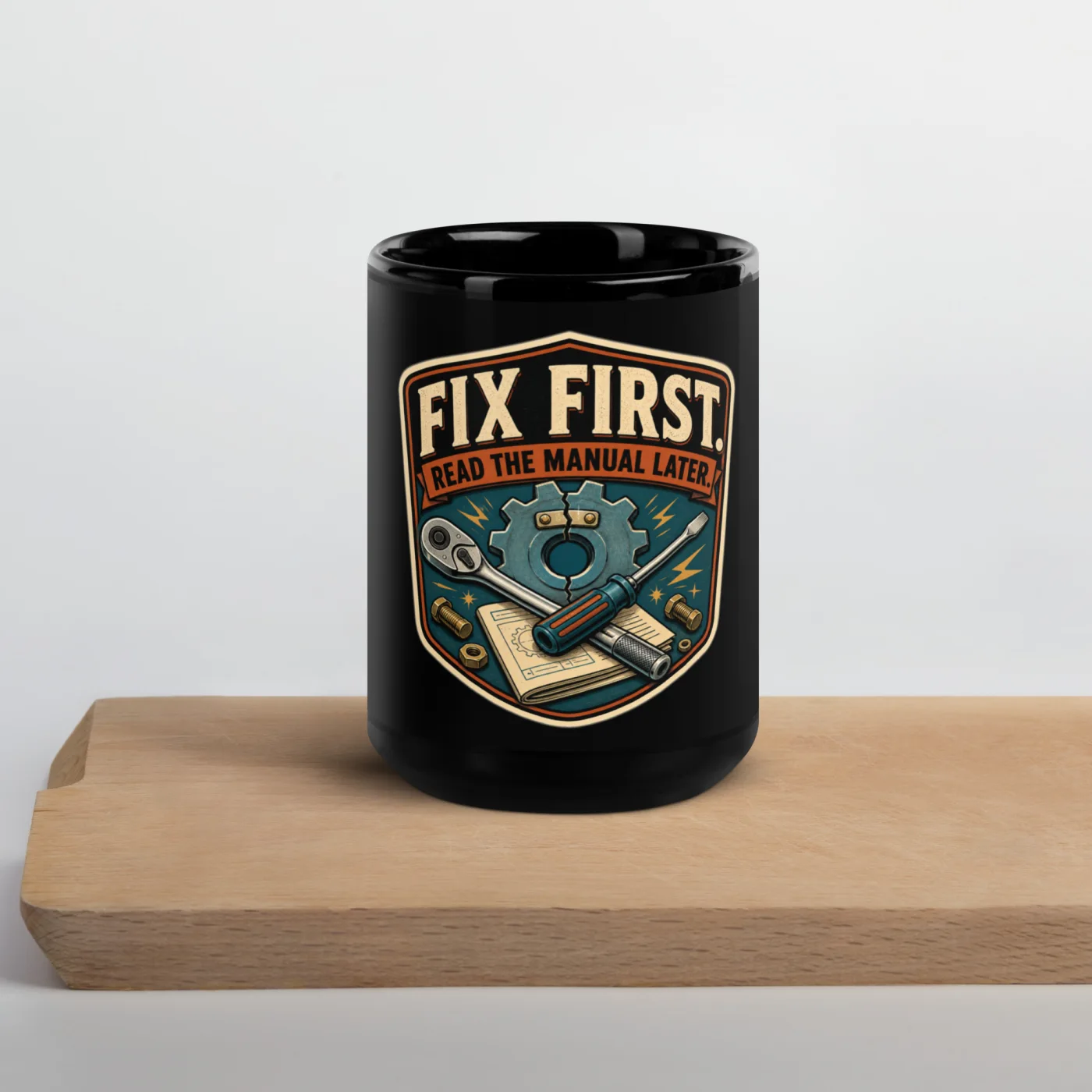 Black Coffee Mug, Fix First. Read The Manual Later, Dad Gift