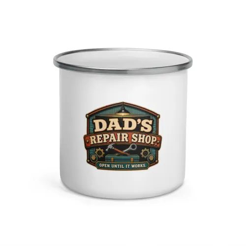 Enamel Camp Mug, Dad's Repair Shop. Open Until It Works, Dad Gift - 12 oz - White