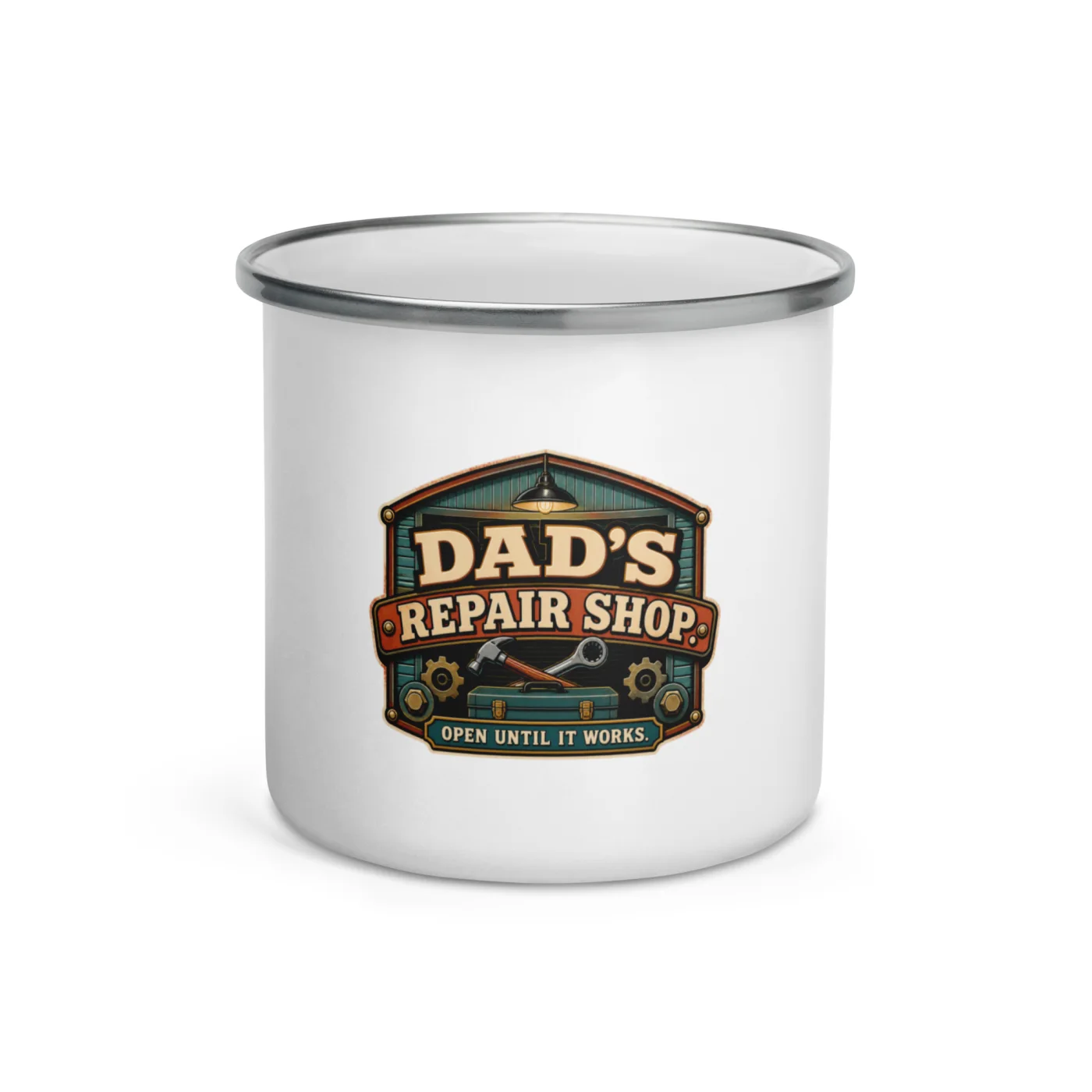 Enamel Camp Mug, Dad's Repair Shop. Open Until It Works, Dad Gift