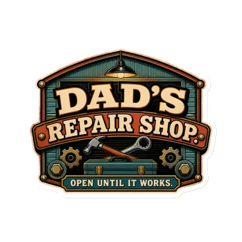 Die-Cut Magnet, Dad's Repair Shop. Open Until It Works, Dad Gift - 6″×6″ - White