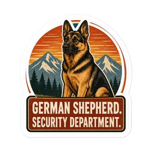 German Shepherd Vinyl Sticker: German Shepherd. Security Department. - 5.5″×5.5″ - White