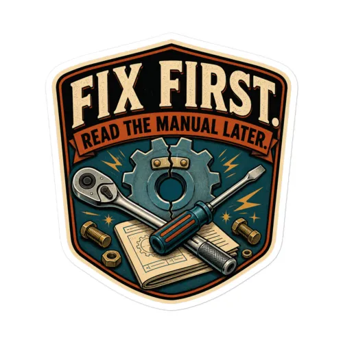 Vinyl Sticker, Fix First. Read The Manual Later, Dad Gift - 5.5″×5.5″ - White