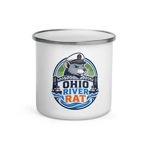Enamel Camp Boat Mug, Ohio River Rat, Bold Emblem - 12 oz - White