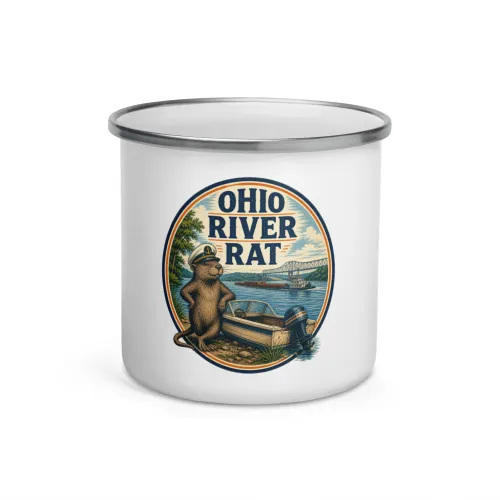 Enamel Camp Boat Mug, Ohio River Rat, Vintage Badge - 12 oz - White