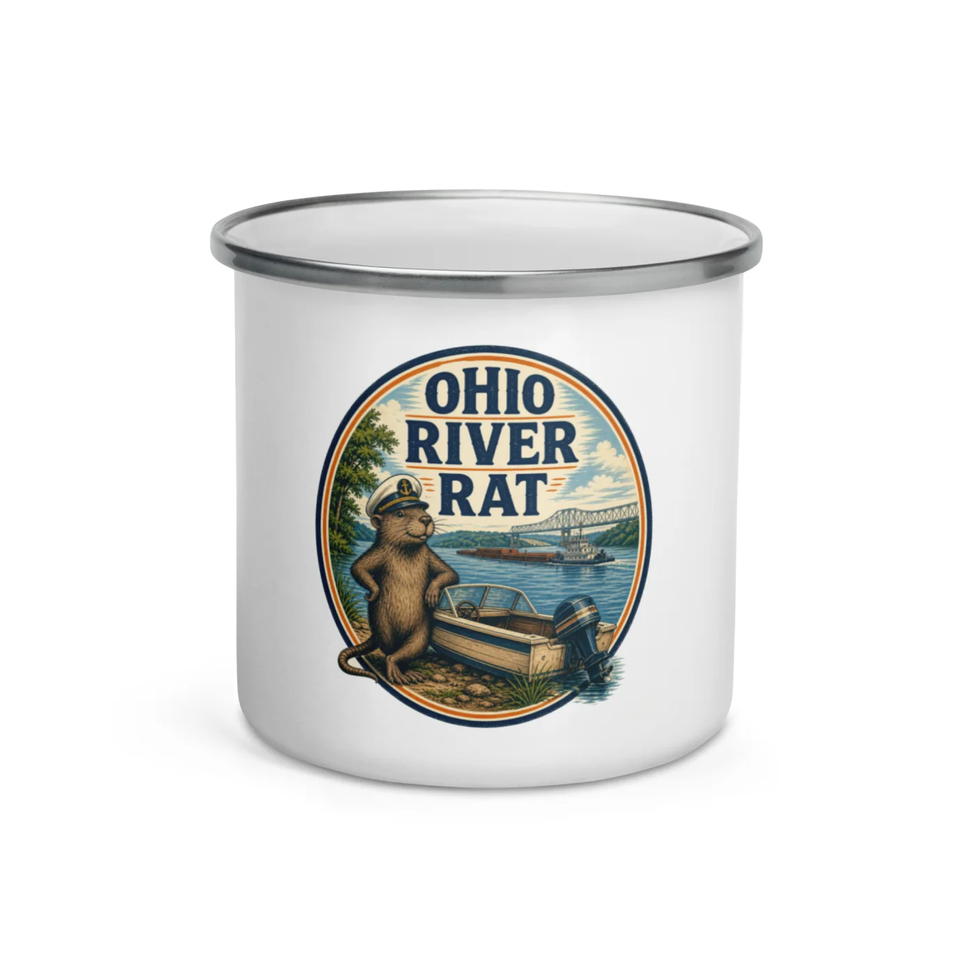 Enamel Camp Boat Mug, Ohio River Rat, Vintage Badge
