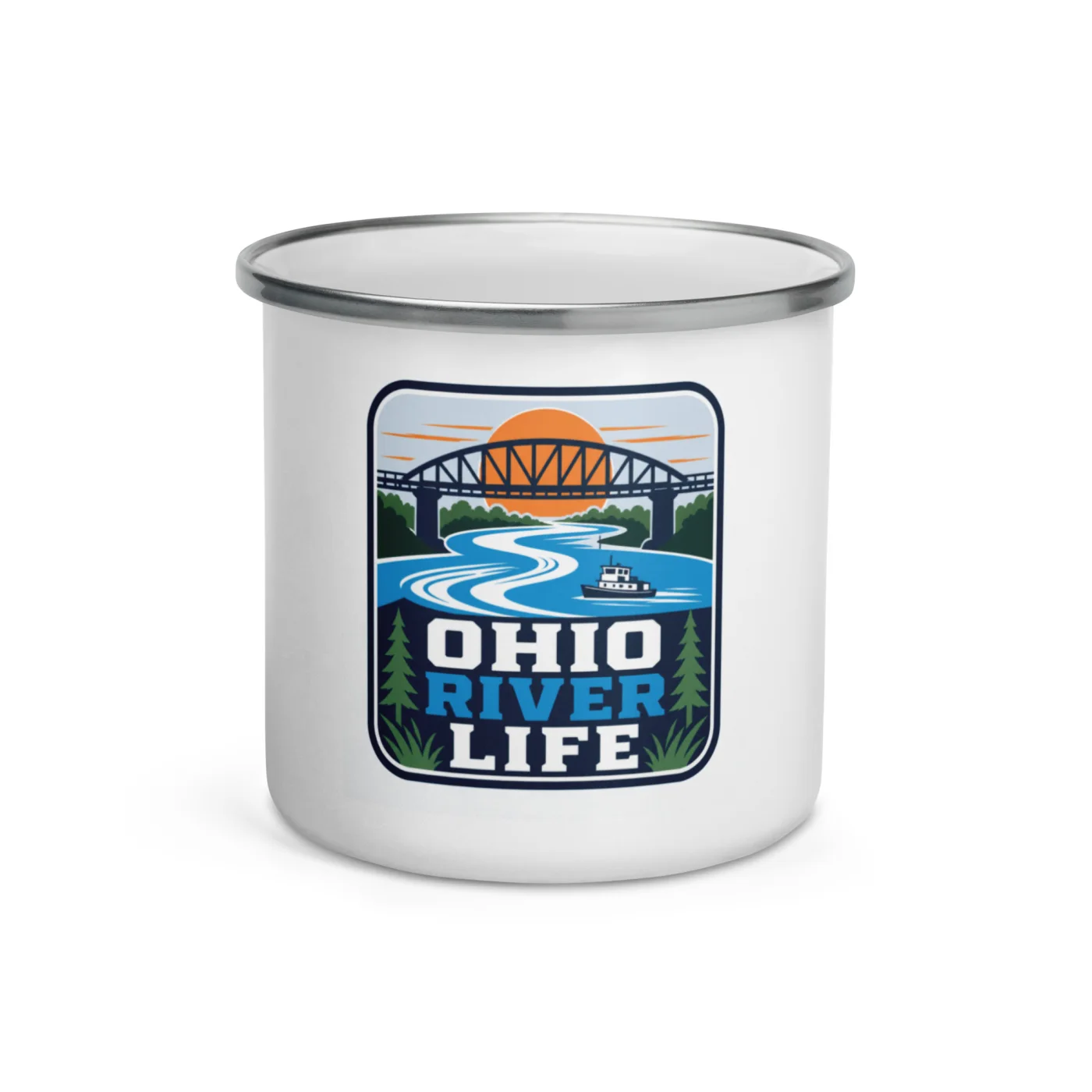 Enamel Camp Boat Mug, Ohio River Life, Bold Emblem