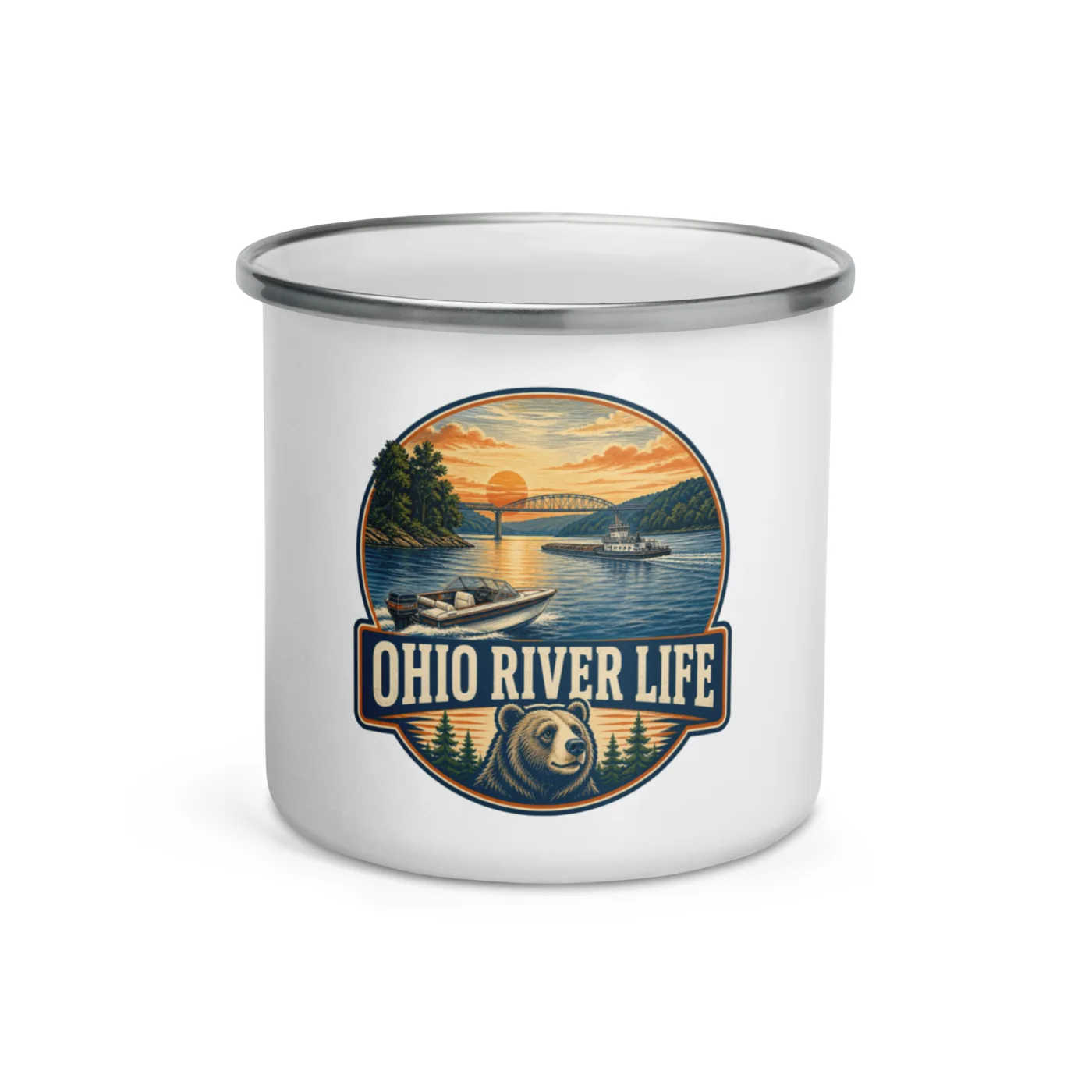 Enamel Camp Boat Mug, Ohio River Life, Vintage Badge