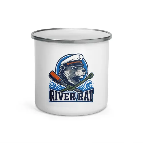 Enamel Camp Boat Mug, River Rat, Bold Emblem - 12 oz - White