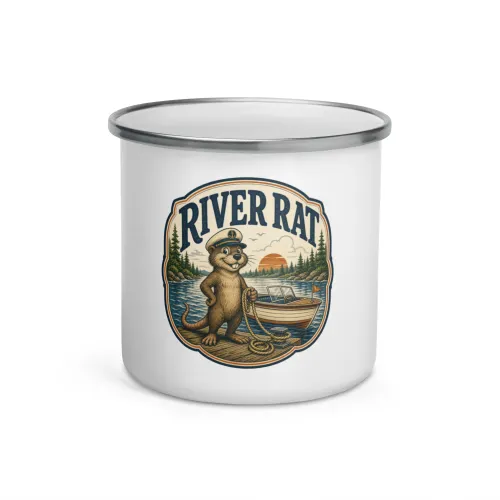 Enamel Camp Boat Mug, River Rat, Vintage Badge - 12 oz - White