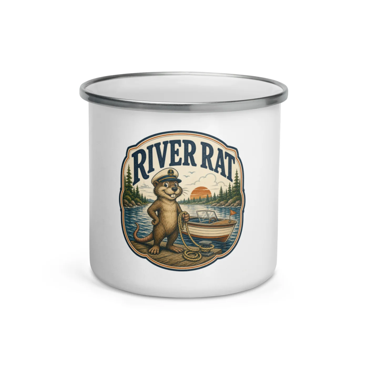 Enamel Camp Boat Mug, River Rat, Vintage Badge
