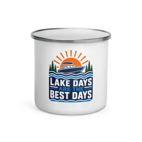 Enamel Camp Boat Mug, Lake Days Are the Best Days, Bold Emblem - 12 oz - White
