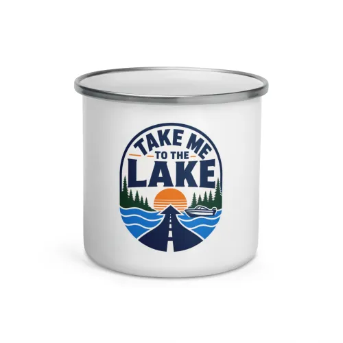 Enamel Camp Boat Mug, Take Me to the Lake, Bold Emblem - 12 oz - White