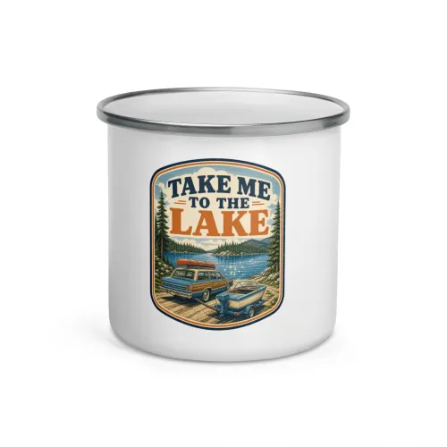 Enamel Camp Boat Mug, Take Me to the Lake, Vintage Badge - 12 oz - White
