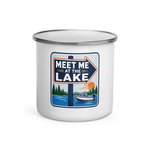 Enamel Camp Boat Mug, Meet Me at the Lake, Bold Emblem - 12 oz - White