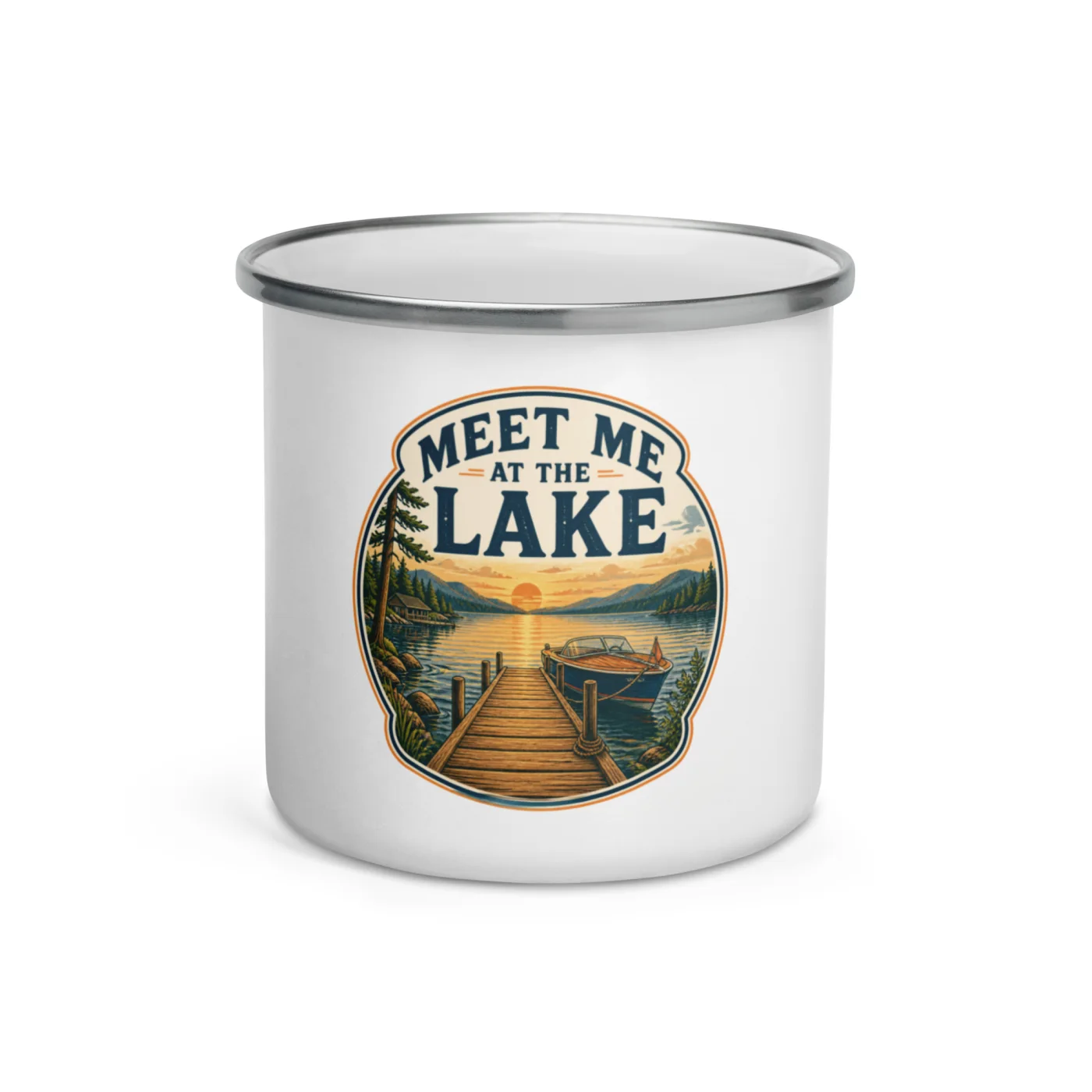 Enamel Camp Boat Mug, Meet Me at the Lake, Vintage Badge