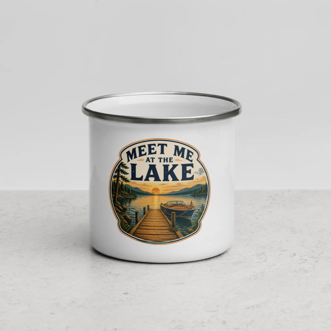 Enamel Camp Boat Mug, Meet Me at the Lake, Vintage Badge