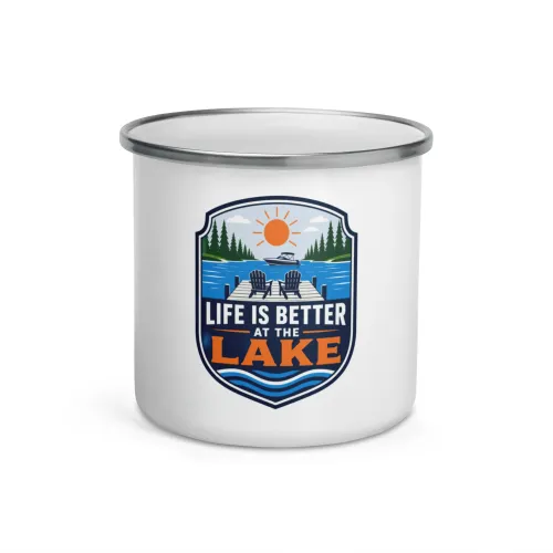 Enamel Camp Boat Mug, Life Is Better at the Lake, Bold Emblem - 12 oz - White