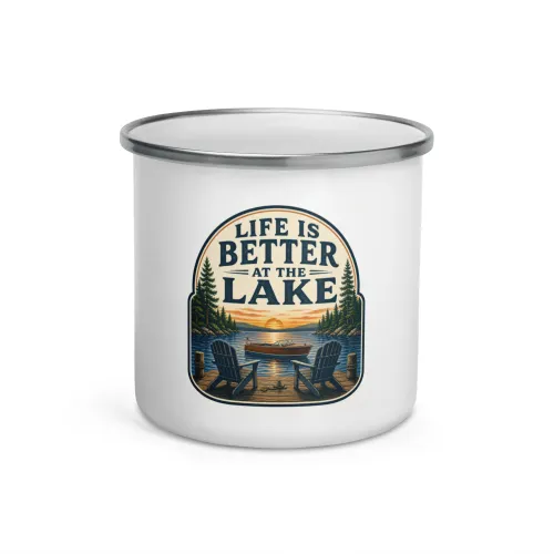 Enamel Camp Boat Mug, Life Is Better at the Lake, Vintage Badge - 12 oz - White