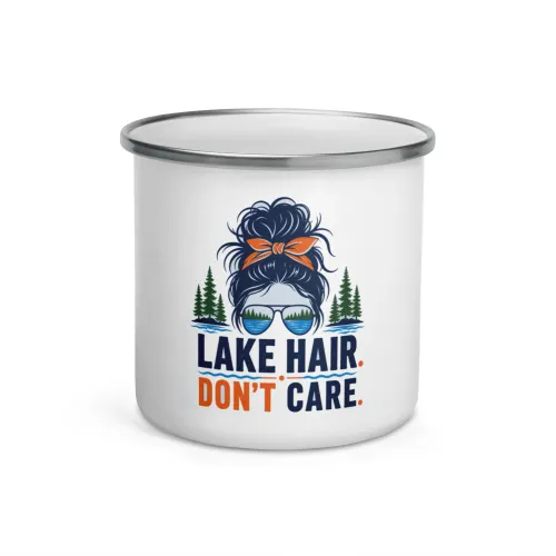 Enamel Camp Boat Mug, Lake Hair. Don't Care., Bold Emblem - 12 oz - White
