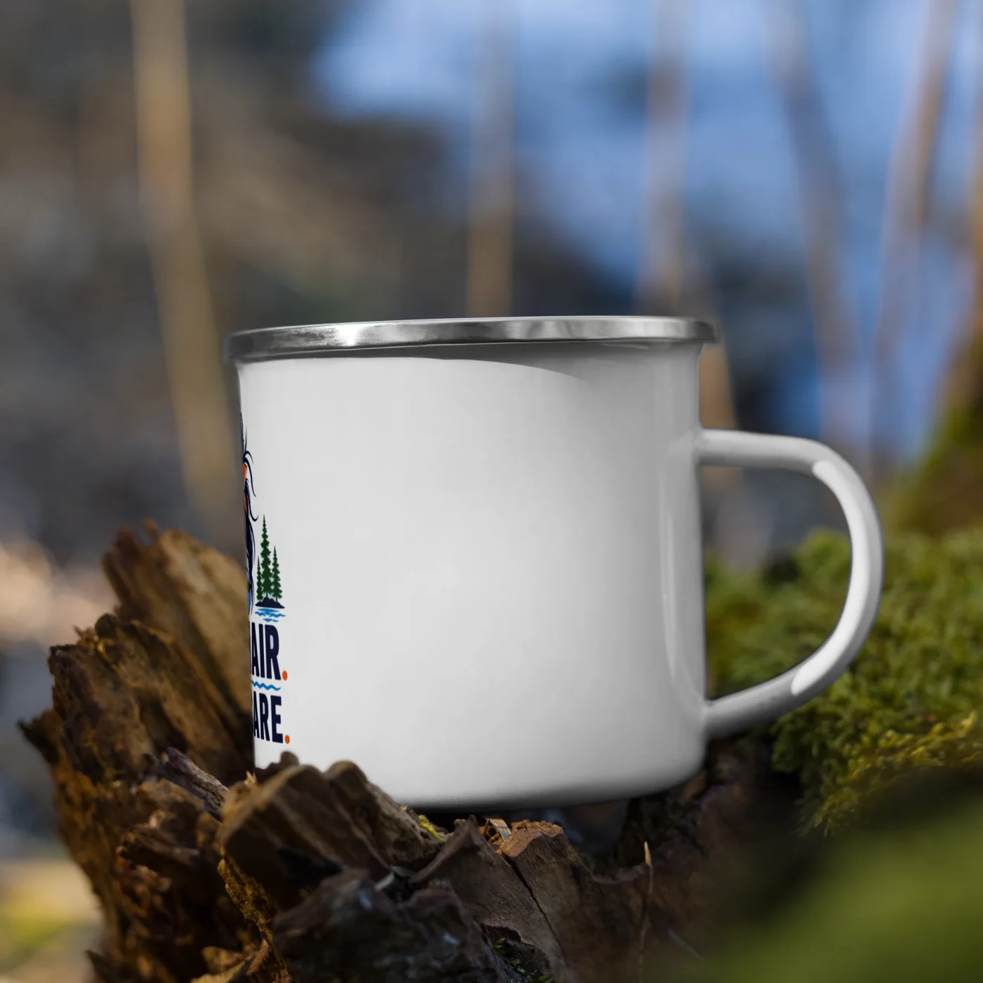 Enamel Camp Boat Mug, Lake Hair. Don't Care., Bold Emblem
