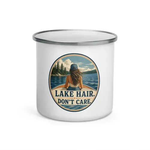 Enamel Camp Boat Mug, Lake Hair. Don't Care., Vintage Badge - 12 oz - White