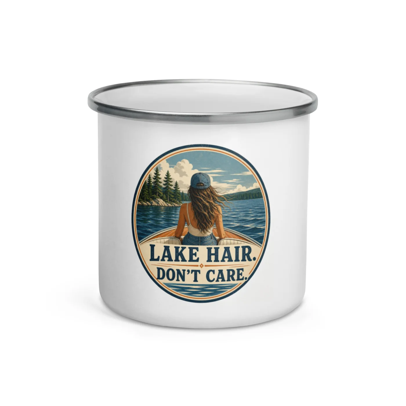 Enamel Camp Boat Mug, Lake Hair. Don't Care., Vintage Badge