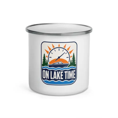 Enamel Camp Boat Mug, On Lake Time, Bold Emblem - 12 oz - White