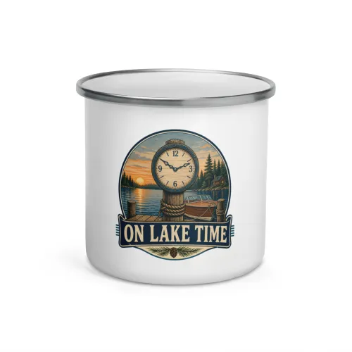Enamel Camp Boat Mug, On Lake Time, Vintage Badge - 12 oz - White