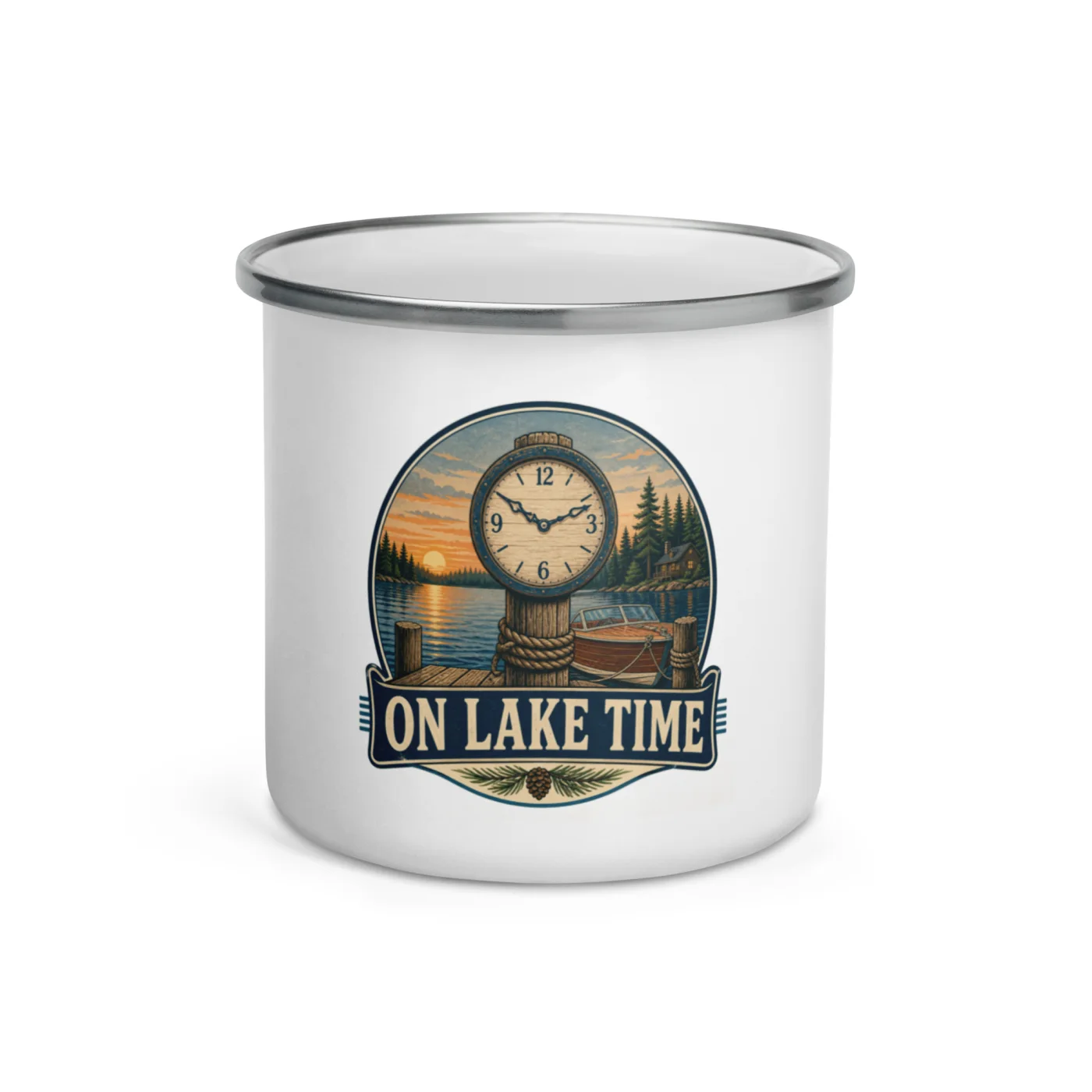 Enamel Camp Boat Mug, On Lake Time, Vintage Badge