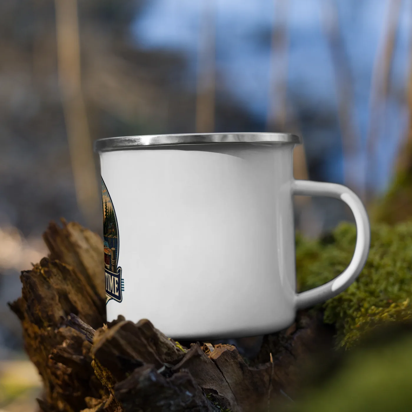 Enamel Camp Boat Mug, On Lake Time, Vintage Badge