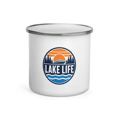 Enamel Camp Boat Mug, Lake Life, Bold Emblem - 12 oz - White