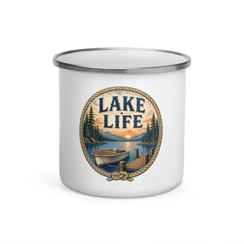 Enamel Camp Boat Mug, Lake Life, Vintage Badge - 12 oz - White