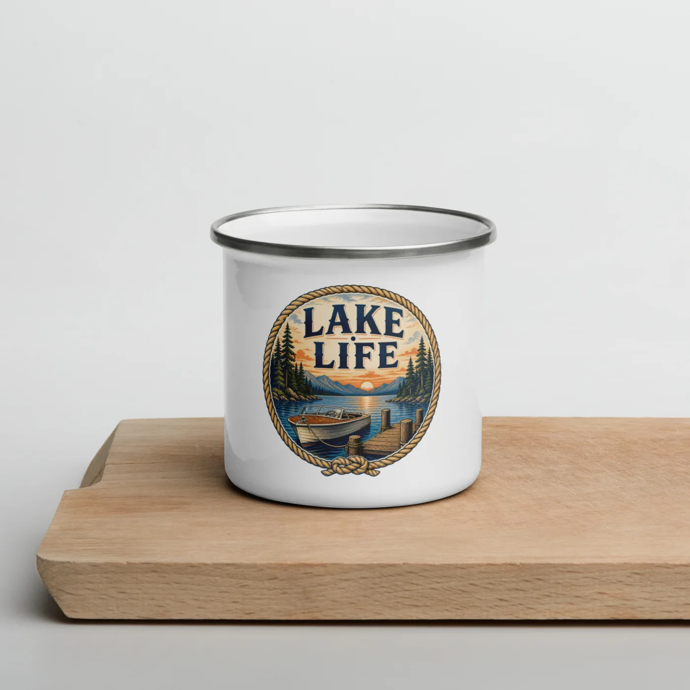 Enamel Camp Boat Mug, Lake Life, Vintage Badge