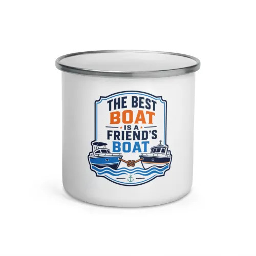 Enamel Camp Boat Mug, The Best Boat Is a Friend's Boat, Bold Emblem - 12 oz - White